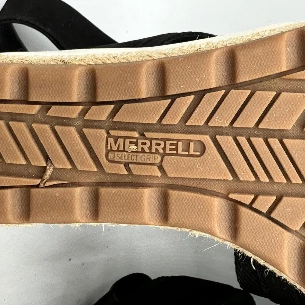 Merrell Women's Kaiteri Nubuck Leather Wedge Espadrille Black Sandals Size 11
